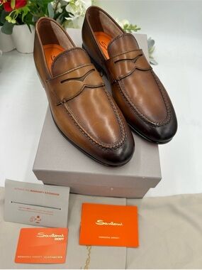 Men’s Santoni Carlo soft furnished leather penny loafers size 8 US made Italy